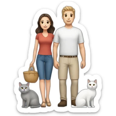 white brun man and brunette woman with a fat gray cat in their arms sticker