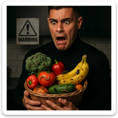 Create a realistic or semi-realistic style image of a 30-year-old man inspired by the reference image, holding a basket of fresh fruits and vegetables. The man has a shocked expression. The produce shows subtle but clear signs of contamination by insects and worms. The background is either a kitchen or garden. Emphasize strong contrast between freshness and contamination, with a health warning tone. sticker