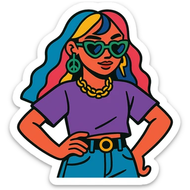 z generation girl, colorful hairstyle, unique accessories, confident pose sticker
