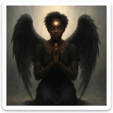 kneeling black angel, hands clasped, glowing third eye, surrounded by soft light sticker