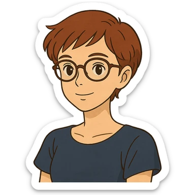 ghibli style woman in her 20s with auburn pixie cut (side part) and glasses sticker
