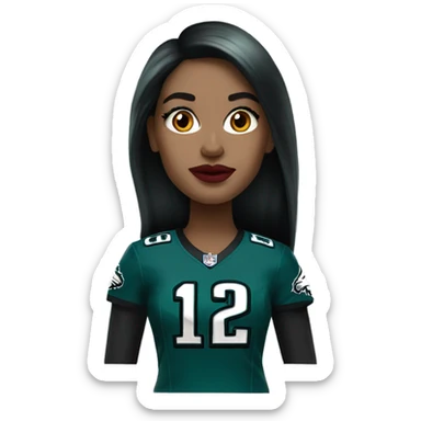 White female long dark hair red lips wearing Philadelphia Eagles jersey sticker