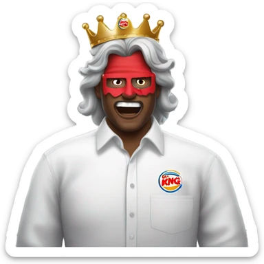 a man in a white button up shirt with a red face mask pulled down, long gray hair and a burger king crown angry sticker