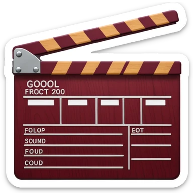 film clapper board, rich burgundy, detailed design, visible wood grain and metallic hinge emoji style sticker