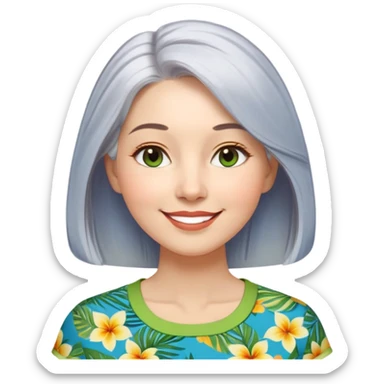 A woman with light complexion, oval face with soft rounded features, full cheeks, gentle almond-shaped eyes with subtle smile lines, longer silver-gray hair parted to the side, wearing a vibrant short-sleeved blouse with tropical print in blue, green, and yellow, exuding warmth and joy. sticker