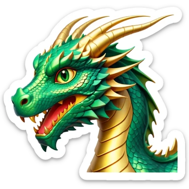 cinematic-noble-dragon-portrait-emoji,-poised-and-majestic,-with-a-sinuous,-elongated-build-and-shimmering,-scale-covered-skin-in-hues-of-emerald-and-gold,-piercing,-fiery-eyes,-simplified-yet-sharp-and-sophisticated-features,-highly-detailed sticker