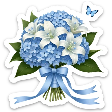 A wooden table adorned with a small bouquet of baby blue hydrangeas and creamy white lilies, wrapped in a softly frayed linen ribbon. A single blue butterfly, dusted with a hint of silver, rests lightly on the bouquet, as if drawn to its delicate fragrance. sticker