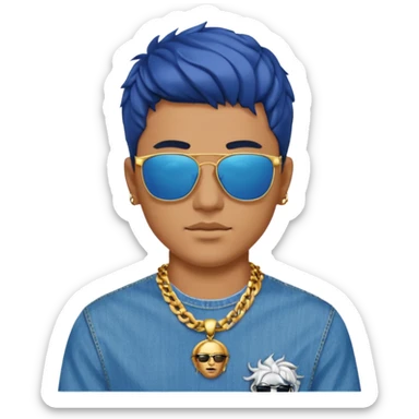 man emoji with trendy haircut, sunglasses on head, blue Versace shirt with gold details and Medusa logo, chain necklace, jeans sticker