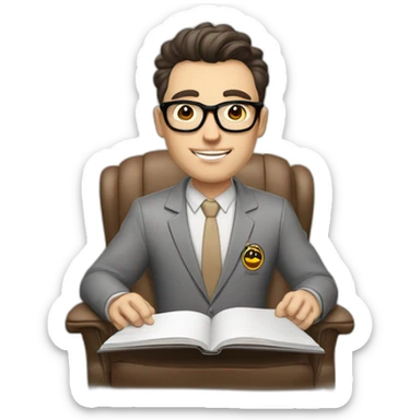 Pale skinned Fit Man With dark brown hair in gray jacket, beige office shirt and vintage glasses sitting In a soft chair with a notebook with emblem Ψ and a pen in his hands sticker