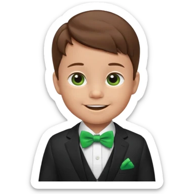 baby boy, brown hair in suit, with green bow, smile sticker