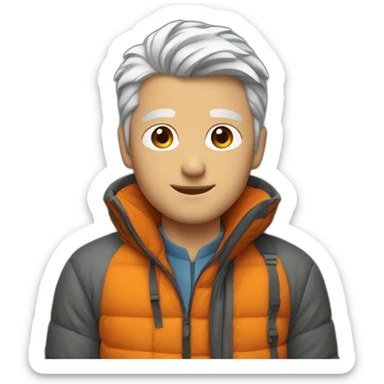 young gray-haired white man with an orange down jacket sticker