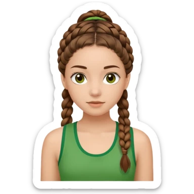 Kahverengi at kuyruklu ışıltılı bir örgülü kahverengi gözlü yeşil formalı içine yeşil atletli çekik gözlü bir kız sticker