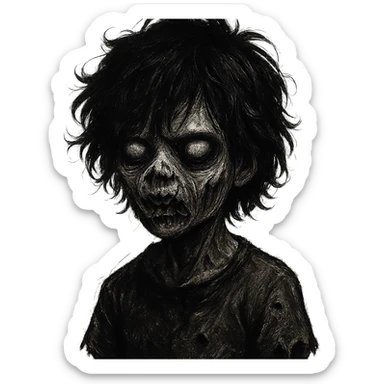 boy zombie with black, medium-long, emo, shaggy, curly, messy hair, dark and spooky, creepy expression sticker