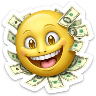 3D glossy emoji sticker, dollar-sign eyes, huge toothy grin, mouth stuffed with US dollar bills spilling out, floating banknotes, centered, transparent background sticker