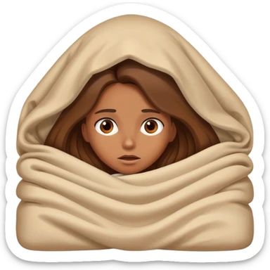 a tanned girl with brown long hair laying in bed hid under the blanket  in fear sticker
