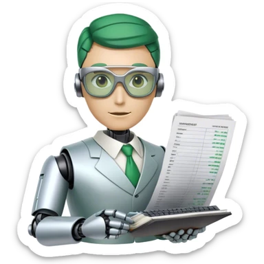 human like robot bookkeeper wearing  accountant Green eyeshades  and holding spreadsheets sticker