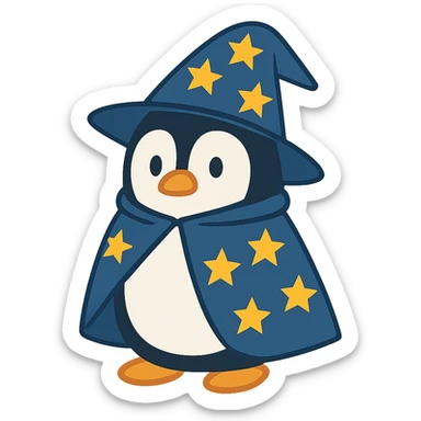 flat toon style penguin wizard with a starry hat and cape sticker