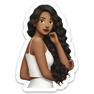 the back side of a brown women, with black hair, a white crop top, wavy long hair sticker