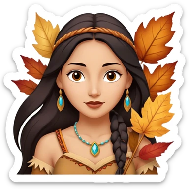 Cinematic Playful Pocahontas Portrait Emoji, Tilting her head with a knowing smirk, holding a delicate autumn leaf, eyes glimmering with adventure, an enchanting blend of confidence and charm, absolutely captivating! sticker