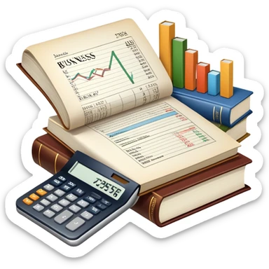 Icon for Business Reading: an open book with graphs, numbers, percentages, formulas, and text on the pages, next to a stack of books, a pile of dollars, a calculator, and a pen. The icon should represent the analytical and strategic nature of business literature. Transparent background. sticker