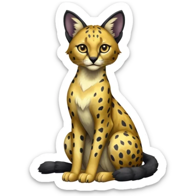 Colorful adorable sitting shiny spectral glittery soft smooth black gloomy dark dull melanistic black-and-gold-glittery wealthy luxurious accessorized elegant beautiful pretty Caracal-Cheetah-Serval-Snow-Leopard-Trico-Sergal-Vernid-fusion-hybrid-animal-creature, full body sticker