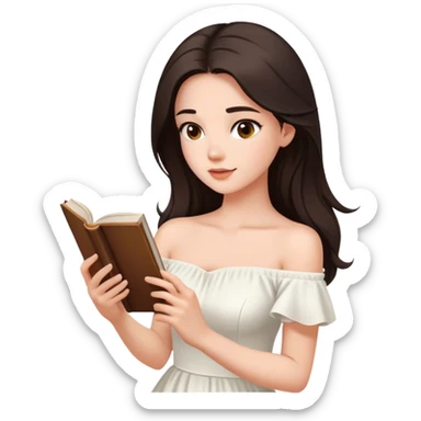Beautiful woman in 1950’s woman fashion look, off-shoulder white dress, long dark brown hair, reading  sticker
