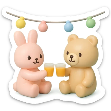 bunny and bear clinking juice cups under string lights, vinyl figure style, smooth and shiny surface sticker