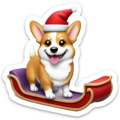 Cheerful Welsh corgi wearing a Santa hat, with a glowing red nose like Rudolph, pulling a tiny sleigh sticker