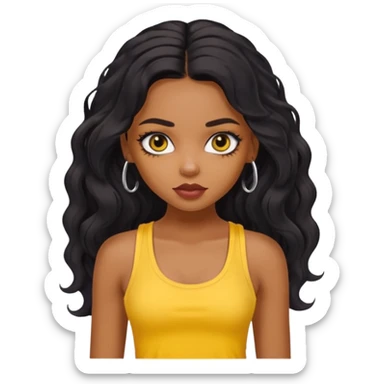 a pretty bratz dusky girl with long wavy black hair, kajal under eyes, yellow tank top sticker