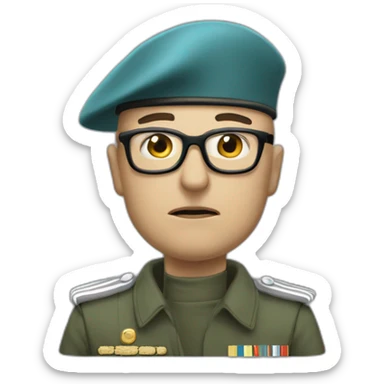 Realistic cyan beret bald very furious middle age general with glasses no hair furious very angry frown with khaki idf uniform sticker