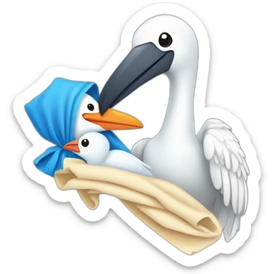 White stork carrying a blue bundle of cloth in its beak that has a human baby with dark hair and the baby head is peeking from the fabric bundle the strok is carrying with its beak sticker