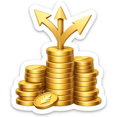 upward arrow beside a small stack of gold coins, financial growth symbol sticker