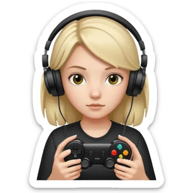 girl with headphones holding all black game controller sticker