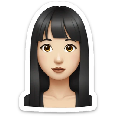 Korean girl, black hair, black eyes, long hair, hime cut, blunt bangs, small silver hoop earrings sticker
