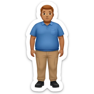 A man in a blue shirt, brown pants, and black shoes, overweight and with freckles. sticker