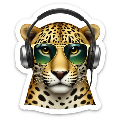 handsome jaguar dj, emoji head, looking forward, wearing cool sunglasses, wearing over-ear headphones on top of head sticker