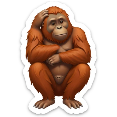 cinematic-orangutan-realistic-full-body-sitting-emoji,-massive-frame-relaxed-with-arms-folded-thoughtfully,-thick-orange-fur-flowing-in-the-breeze,-head-tilted-dramatically,-deep-dark-eyes-filled-with-ancient-wisdom,-simplified-yet-realistic-focused-features,-highly-detailed,-glowing-with-an-almost-sarcastic-glow sticker