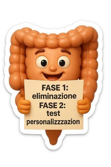 emoji stile iphone 3d di un intestino che tiene in mano un foglio con la scritta "FASE 1: eliminazione, FASE 2: test, FASE 3: personalizzazione, IPERREALISTICO 4K sticker