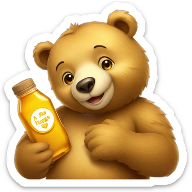 A bear hugs an honey bottle on honey symbol  with love sticker