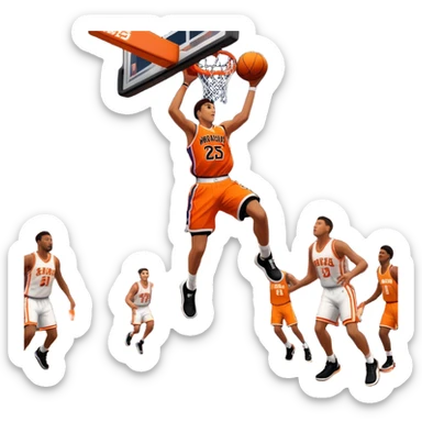 An icon showing a basketball court with players in action, inspired by NBA 2K25. A player jumps for a dunk, the ball mid-air, surrounded by a vibrant basketball arena with cheering fans and bright lights. Transparent background emphasizes the intense atmosphere sticker