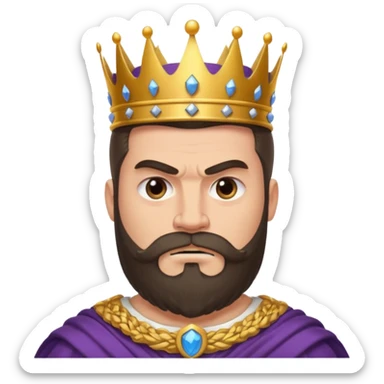 vull un perosnatge estil bimoji que sigui alt i fort amb una musculatura marcada i poderosa. Té una barba espessa i el cabell arriba fins a l'alçada del coll. Se'l representa amb la indumentària real i una corona al cap. Que tingui cara d'enfadat. sticker