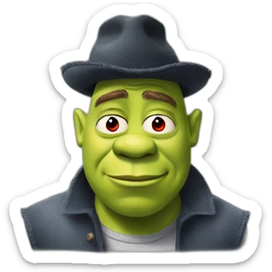 Shrek as rick astley with sic eyes and a Red hat sticker