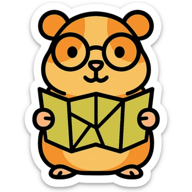studious guinea pig with glasses holding a map, cute outlined colorful style sticker