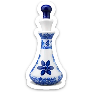 The Clase Azul Tequila bottle is tall and hourglass-shaped, with a wide base that tapers towards the neck. Its white ceramic body is decorated with cobalt blue floral designs, and it’s topped with a complete gray, bell-shaped stopper that curves inward  sticker