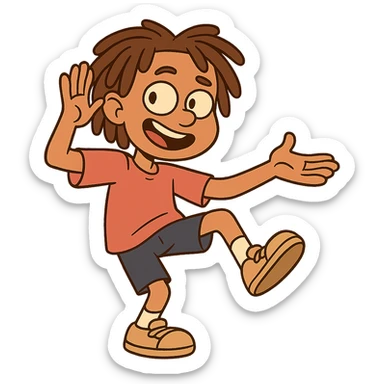 boy with light skin and dreads, playful pose, cartoon style sticker