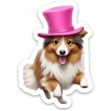 Shetland sheepdog wearing a pink hat and dancing sticker