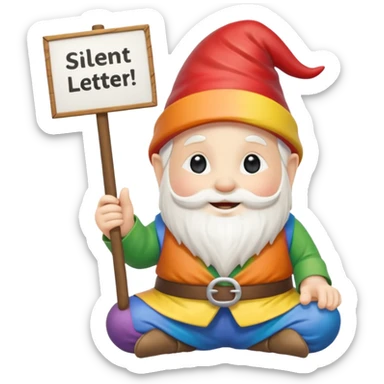 A zen rainbow garden gnome, holding a sign reading "Silent Letter Day, who's with me?” sticker