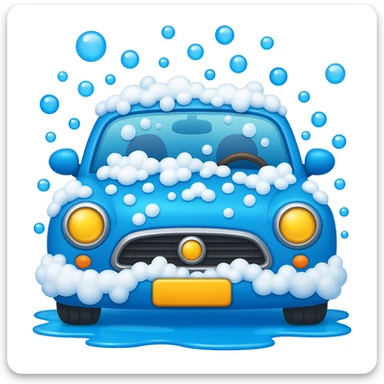 Modify the blue car in the style of Apple emojis by adding more bubbles and showing a wide puddle of water on the ground beneath it. The style should reflect the look of Apple emojis. sticker