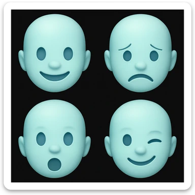 Create four new light blue emoji variants maintaining the emoji style and light blue color, but with different facial expressions. The style should resemble the original emoji style shown in the reference images. sticker