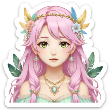 Beautiful gorgeous anime lady with beautiful pastel-special-hair, fashion aesthetic, ethereal, fairycore, pastelcore, feather, flower, crystals, accessories, gold jewelries, gold, colorful, gold laurel, gold halo, cottagecore,  sticker